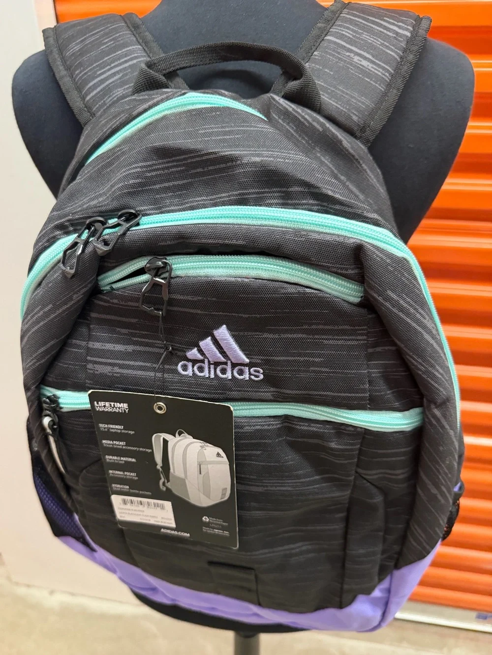 NWT Adidas Foundation ||| Black Backpack with Lavender Base and Mint Zippers